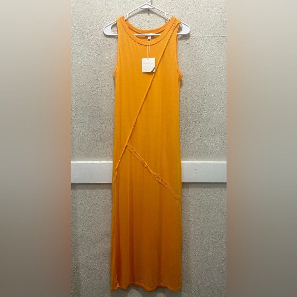 See You Monday Orange/Yellow Sleeveless Maxi Dress with Raw Hems NWT M